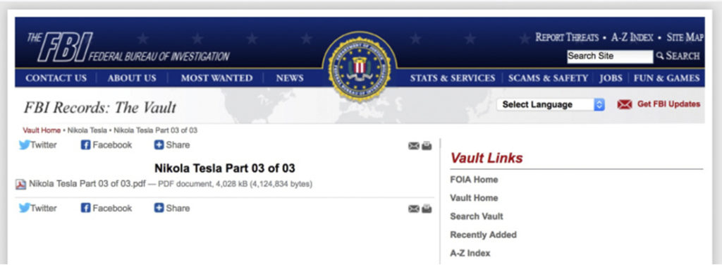 Tài liệu này có tên "Nikola Tesla Phần 03 của 03" là tài liệu thứ ba về Tesla được FBI giải mã, tổng cộng 64 trang, một số nội dung trong đó đã bị bôi đen.
