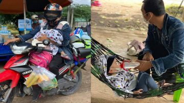 Người bố địu con hai tuổi suốt