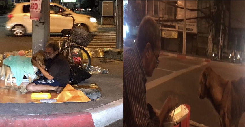 Hình ảnh cụ ông vô gia cư nhường áo và đồ ăn cho chú chó lang thang khiến nhiều người cảm động